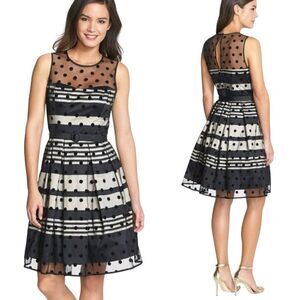 Eliza J‎ Illusion Dot Charmeuse Fit & Flare Dress Sz 6 Black Retro 60s Party